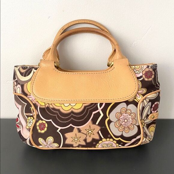 Cole Haan Tan Leather Retro Print Mini Handbag Boho Hippie Cottage Core Beachy - Picture 2 of 13